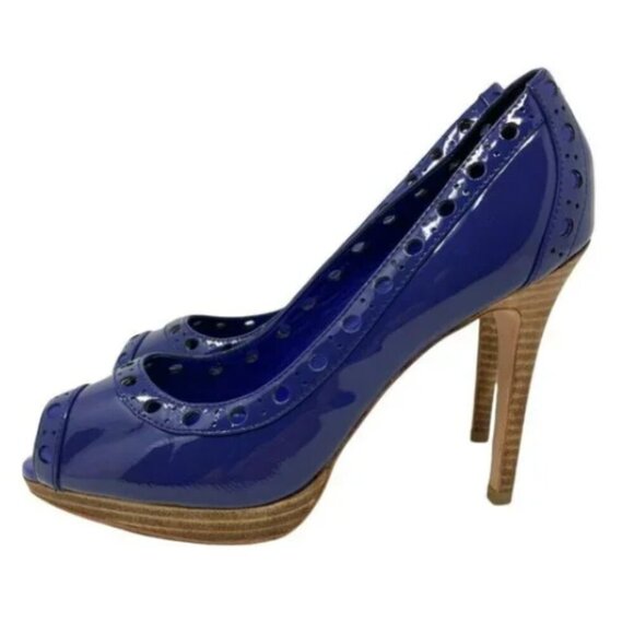 Karen Millen Electric Blue Patent Calf Leather Peep Toe Pumps - Size 8.5 - Picture 2 of 7